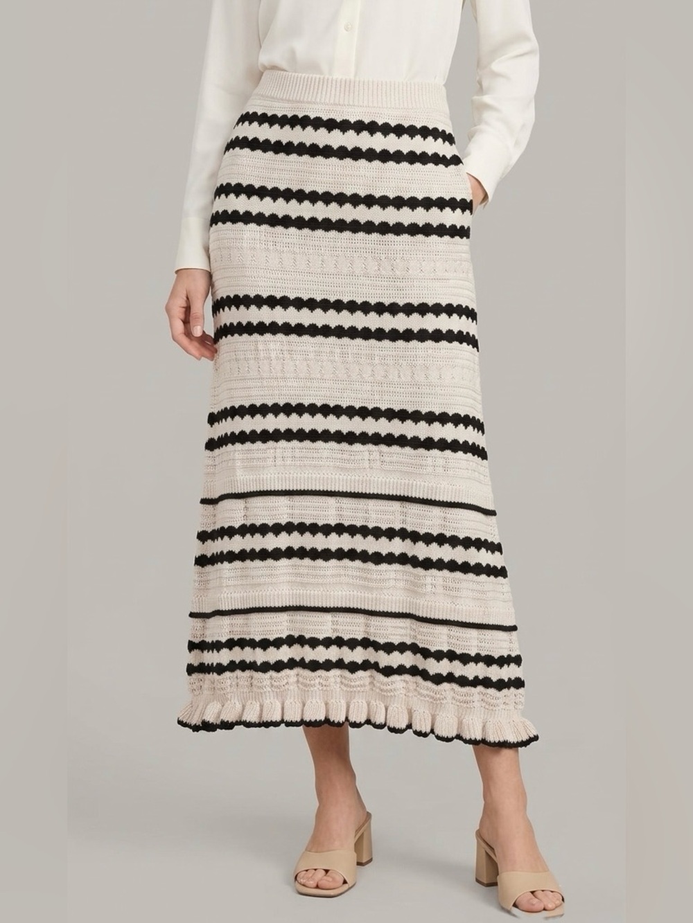 Solitaire Boho Knit Striped Midi Skirt Large Cream Black Ruffle Hem Crochet